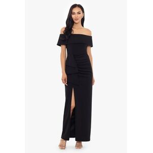 Xscape: "CAMILA" LONG OFF THE SHOULDER SCUBA CREPE DRESS (NWT)